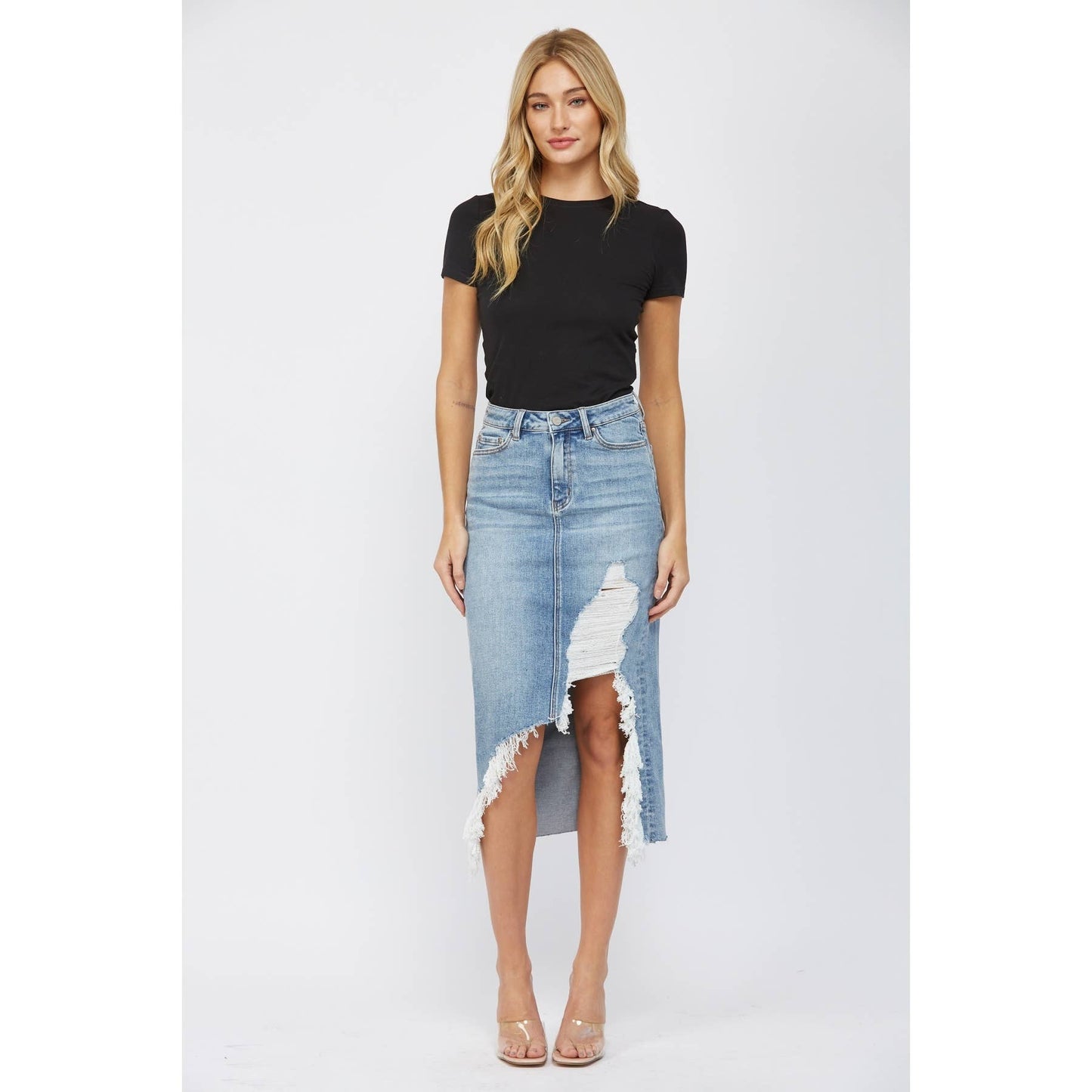 Mica's Light Blue High Waisted Distressed Skirt