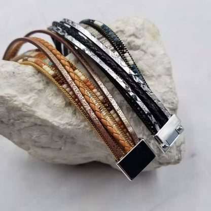 Boho Beaded Leather Wrap Magnetic Bracelet