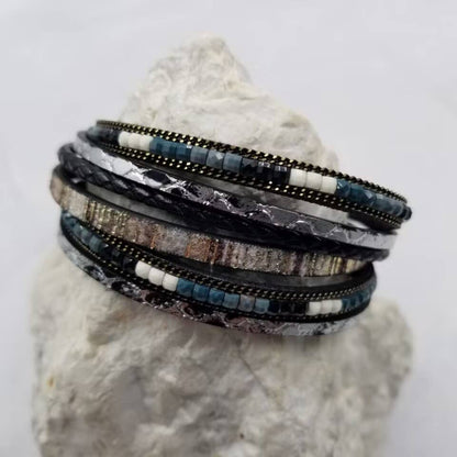 Boho Beaded Leather Wrap Magnetic Bracelet