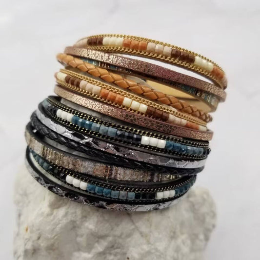 Boho Beaded Leather Wrap Magnetic Bracelet