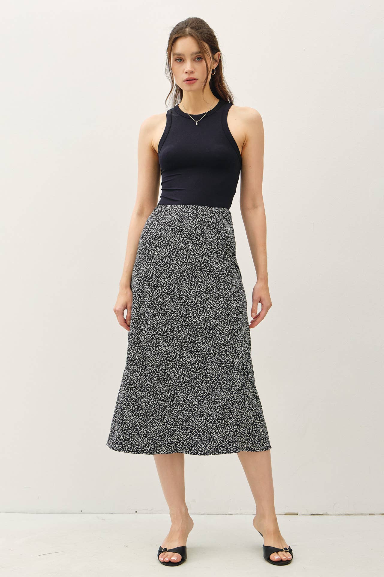 Lora Black Print Midid Skirt