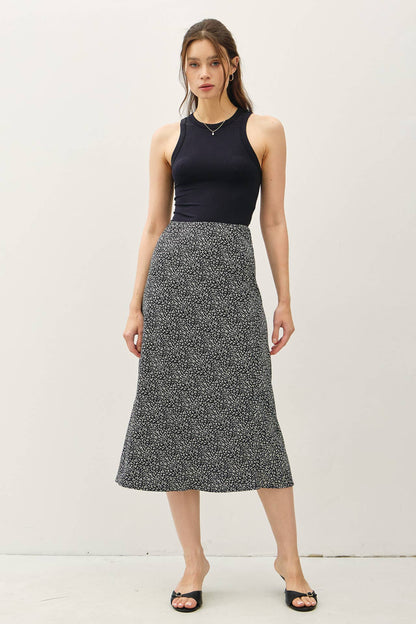 Lora Black Print Midid Skirt