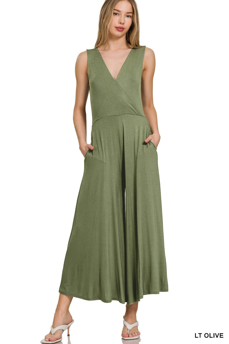 Olive Surplice Sleeveless Jumpsuit